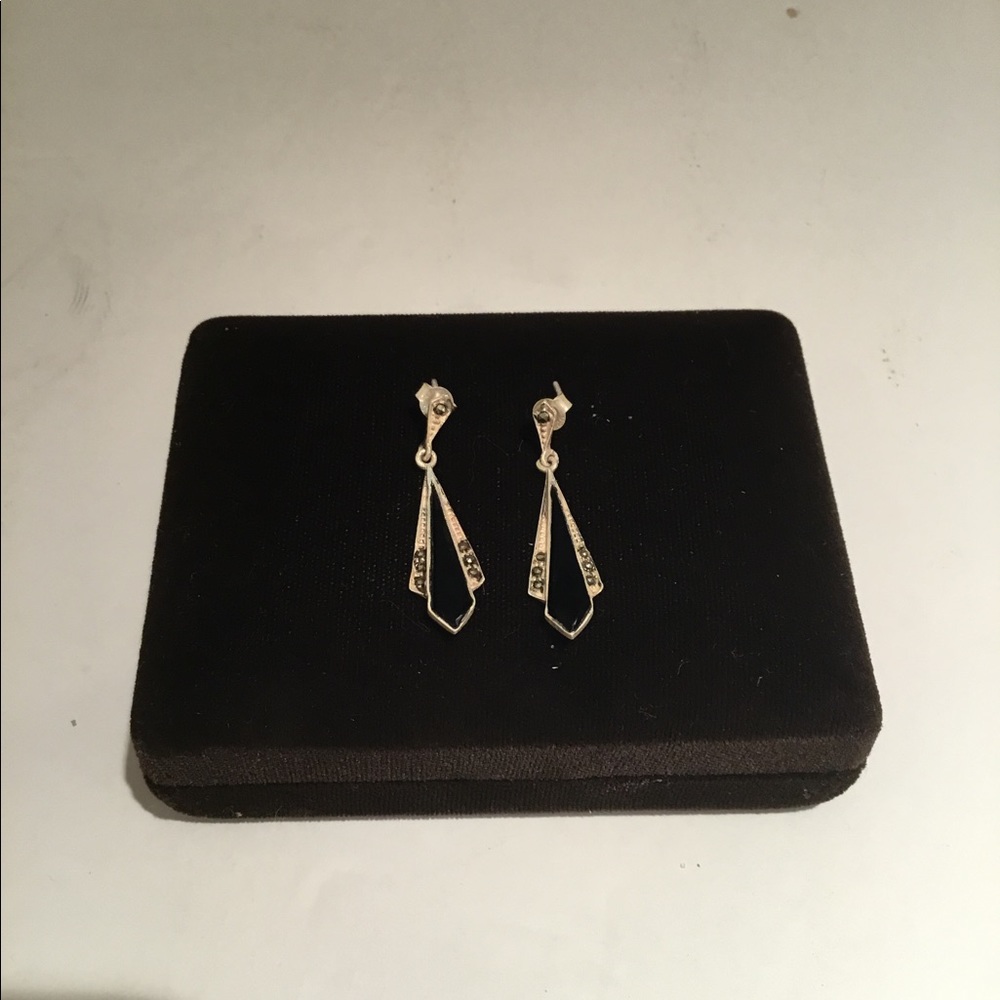 Black Onyx Sterling Silver Marcasite Earrings 925